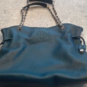 Tory Burch teal leather shopper bag.
